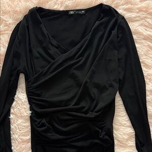 ZARA Black Draped Surplice Long Sleeve Top